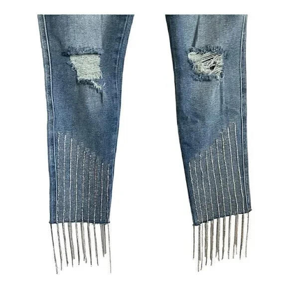 EUC - AKIRA Label Too Good High Waisted Rhinestone Fringe Skinny Jeans - Size 13 - Picture 9 of 15